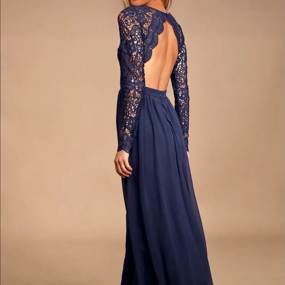 Lulus Navy Blue Long Sleeve Lace Maxi Dress